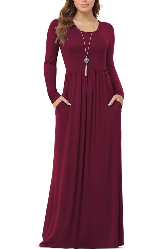 Women's Long Sleeve Loose Plain Maxi Dresses Casual Long Dresses with Pockets,US Size,Long Sleeve Wine Red,L