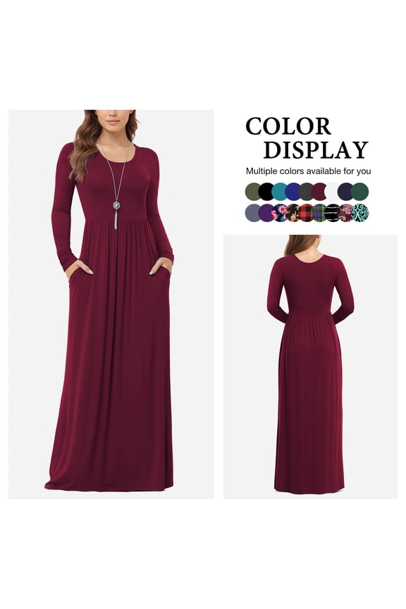 Women's Long Sleeve Loose Plain Maxi Dresses Casual Long Dresses with Pockets,US Size,Long Sleeve Wine Red,L