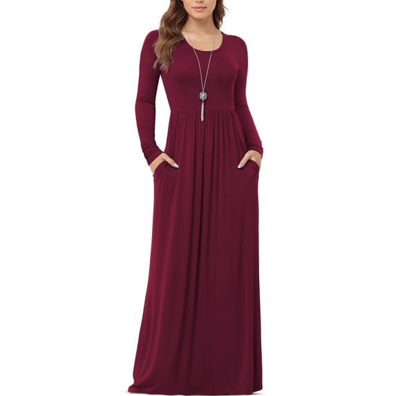 Asklazy Women's Long Sleeve Loose Plain Maxi Dresses Casual Long Dresses with Pockets,Mother's Day,Long Sleeve Wine Red,M