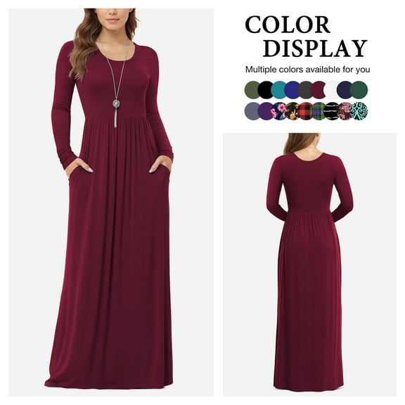 Asklazy Women's Long Sleeve Loose Plain Maxi Dresses Casual Long Dresses with Pockets,US Size,Long Sleeve Wine Red,M