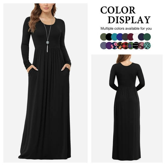 Asklazy Women's Long Sleeve Loose Plain Maxi Dresses Casual Long Dresses with Pockets,US Size,Long Sleeve Black,S
