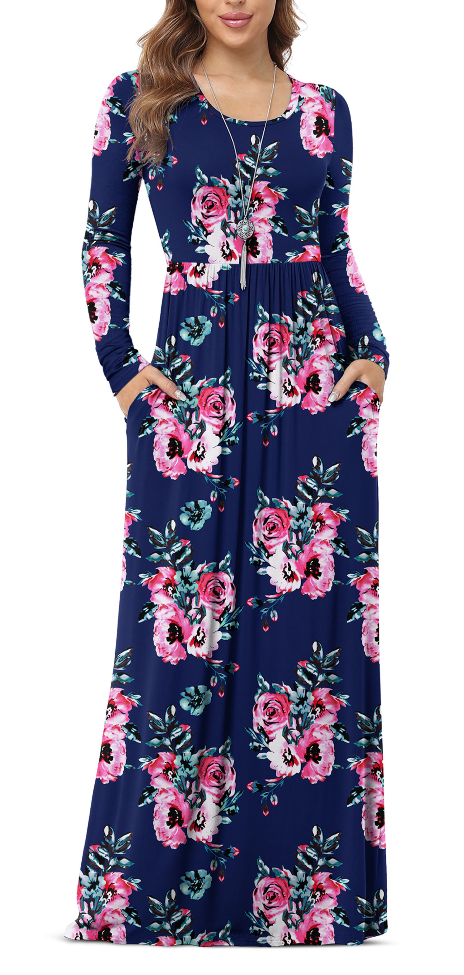 Asklazy Women's Long Sleeve Loose Plain Maxi Dresses Casual Long