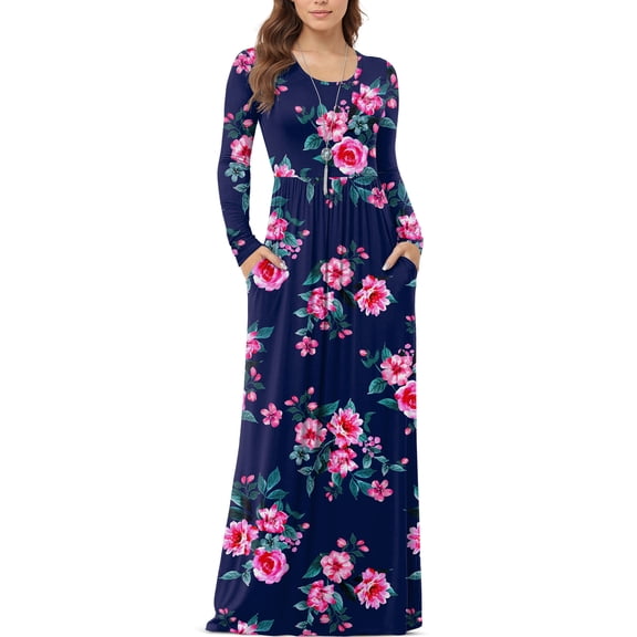Asklazy Women's Long Sleeve Loose Plain Maxi Dresses Casual Long Dresses with Pockets,Mother's Day,GARDEN FLORALS,S