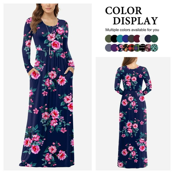 Asklazy Women's Long Sleeve Loose Plain Maxi Dresses Casual Long Dresses with Pockets,US Size,Pink Peony Navy blue,S