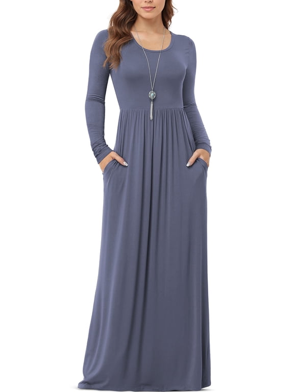 Women's Long Sleeve Loose Plain Maxi Dresses Casual Long Dresses with Pockets,Mother's Day, Purple Gray,XL