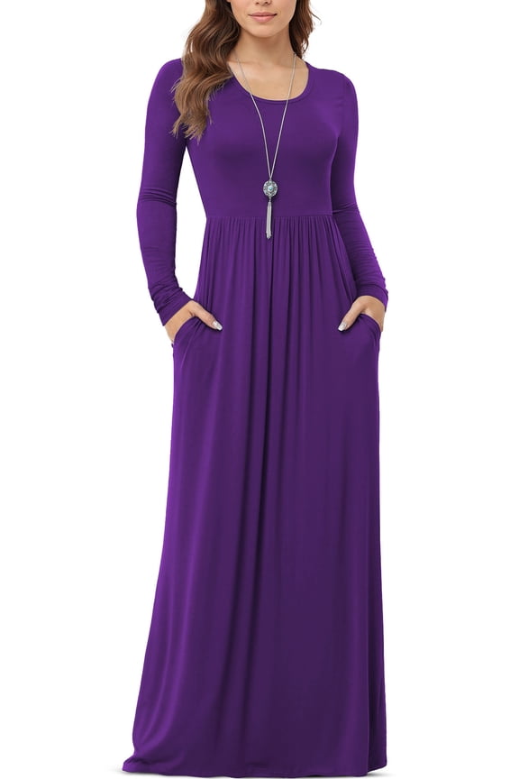 Women's Long Sleeve Loose Plain Maxi Dresses Casual Long Dresses with Pockets,Mother's Day,Purple,L