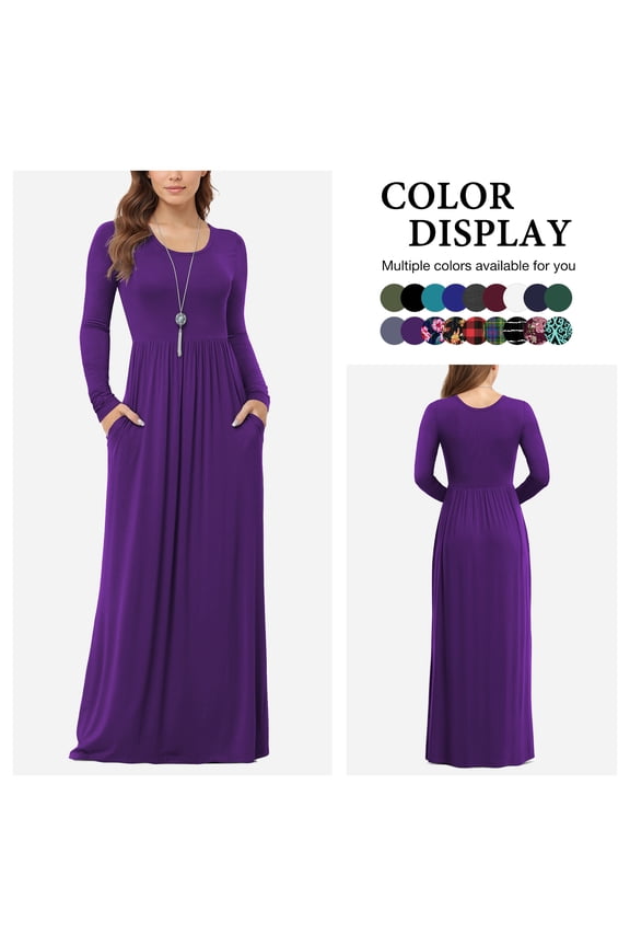 Women's Long Sleeve Loose Plain Maxi Dresses Casual Long Dresses with Pockets,US Size,Purple,L