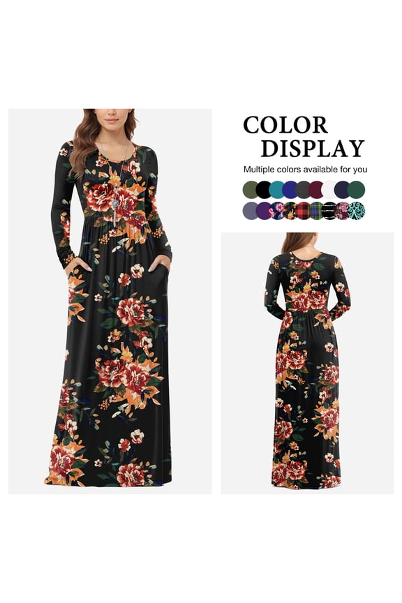 Women's Long Sleeve Loose Plain Maxi Dresses Casual Long Dresses with Pockets,US Size,Red brown flower,2XL