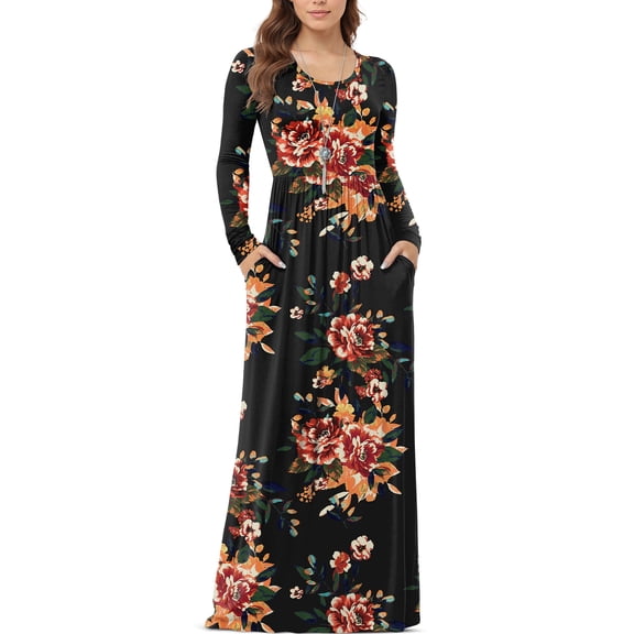 Asklazy Women's Long Sleeve Loose Plain Maxi Dresses Casual Long Dresses with Pockets,Mother's Day,GARDEN FLORALS,3XL