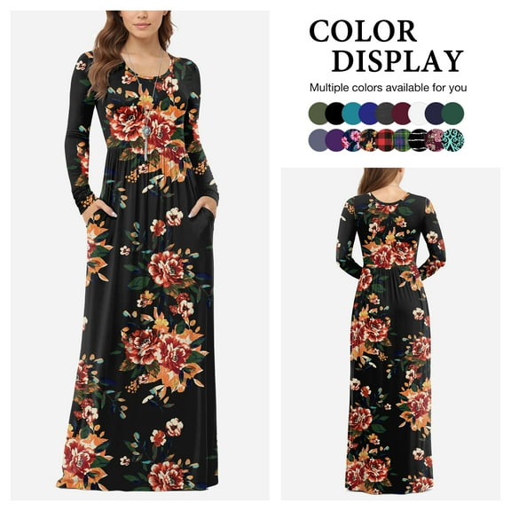 Asklazy Women's Long Sleeve Loose Plain Maxi Dresses Casual Long Dresses with Pockets,US Size,Red brown flower,M