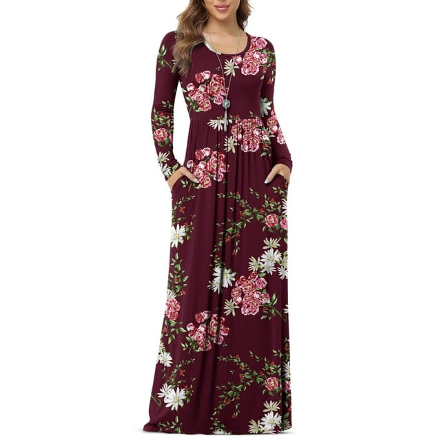 Asklazy Women's Long Sleeve Loose Plain Maxi Dresses Casual Long Dresses with Pockets,US Size,ZiWei Wine Red,S