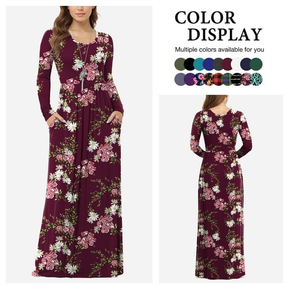 Asklazy Women's Long Sleeve Loose Plain Maxi Dresses Casual Long Dresses with Pockets,US Size,ZiWei Wine Red,S
