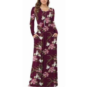 Asklazy Women's Long Sleeve Loose Plain Maxi Dresses Casual Long Dresses with Pockets,US Size,ZiWei Wine Red,XL