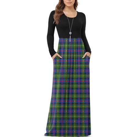 Asklazy Women's Long Sleeve Loose Plain Maxi Dresses Christmas Casual Long Dresses with Pockets,Mother's Day,jie F Green grid,2XL