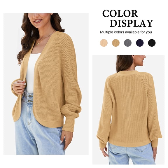 Asklazy Women's Loose Knit Lantern Seleeve Ribbed Sweater Open Front Caridigan,Apricot,S