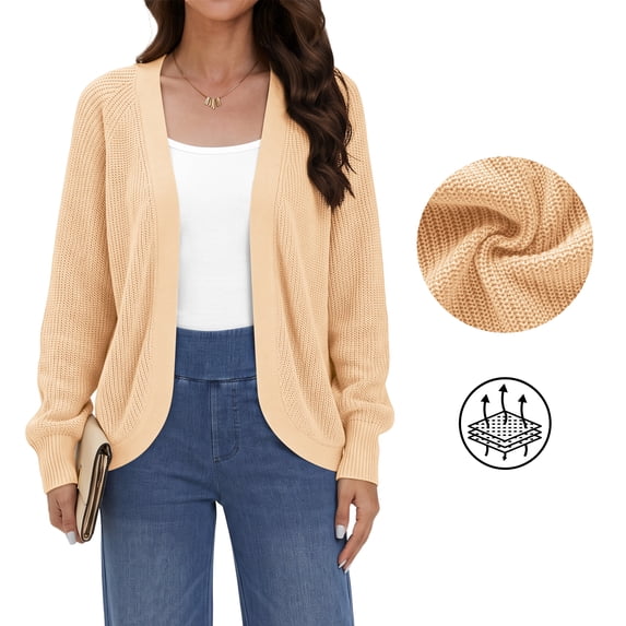 Asklazy Women's Loose Knit Lantern Seleeve Ribbed Sweater Open Front Caridigan,Beige,2XL