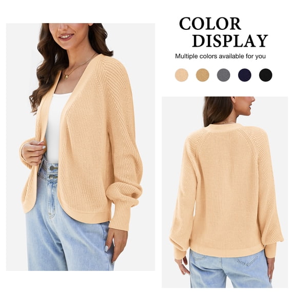 Asklazy Women's Loose Knit Lantern Seleeve Ribbed Sweater Open Front Caridigan,Beige,2XL