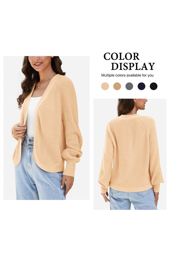 Women's Loose Knit Lantern Seleeve Ribbed Sweater Open Front Caridigan,Beige,M