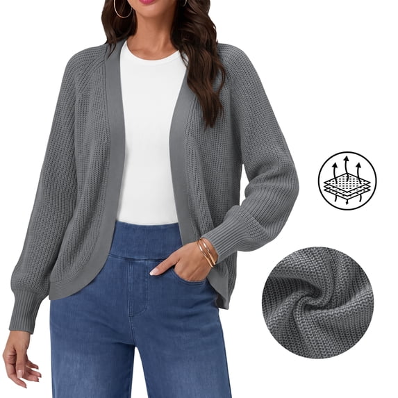 Asklazy Women's Loose Knit Lantern Seleeve Ribbed Sweater Open Front Caridigan,Grey,M