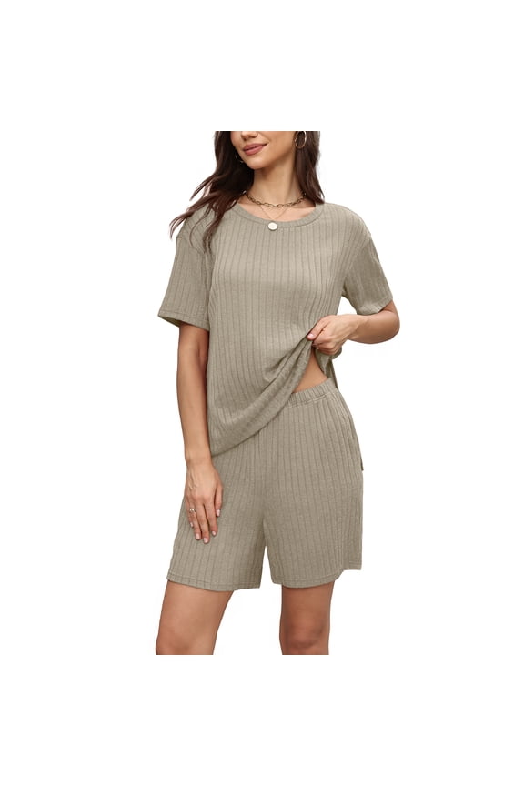 Women's Pajamas Set short Sleeve and short Pants 2 Piece Pjs Sleepwear with Pockets,US Size,Apricot,L