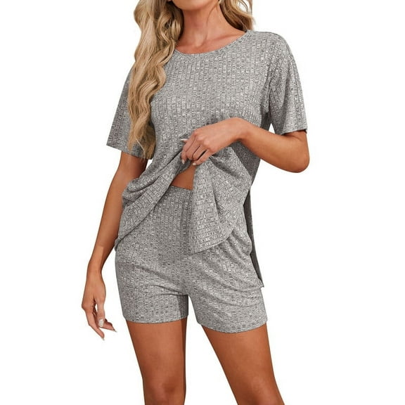 Asklazy Women's Pajamas Set short Sleeve and short Pants 2 Piece Pjs Sleepwear with Pockets,US Size,Grey,L