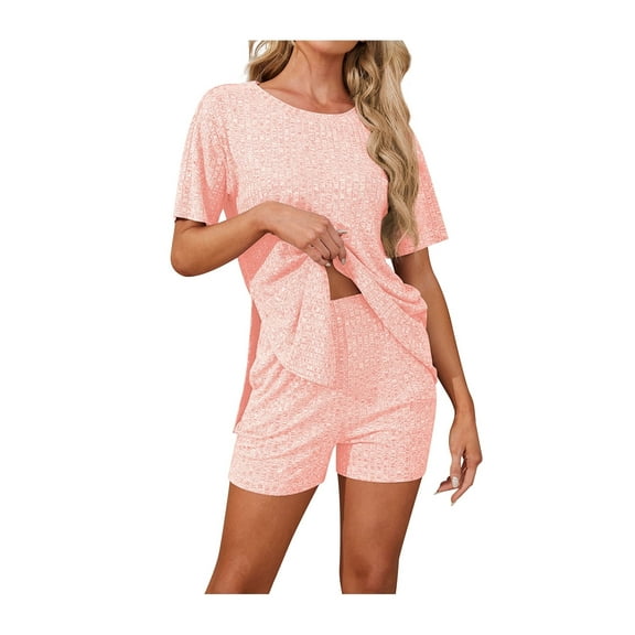 Asklazy Women's Pajamas Set short Sleeve and short Pants 2 Piece Pjs Sleepwear with Pockets,US Size,Peach Pink,XL
