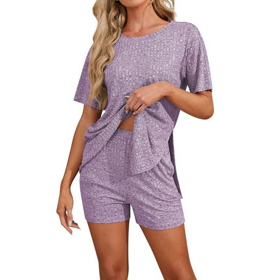Asklazy Women's Pajamas Set short Sleeve and short Pants 2 Piece Pjs Sleepwear with Pockets,US Size,Purple,2XL