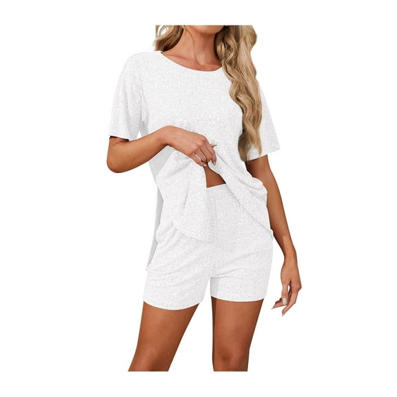 Asklazy Women's Pajamas Set short Sleeve and short Pants 2 Piece Pjs Sleepwear with Pockets,US Size,White,2XL