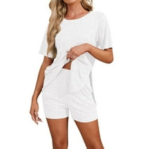 Asklazy Women's Pajamas Set short Sleeve and short Pants 2 Piece Pjs Sleepwear with Pockets,US Size,White，L