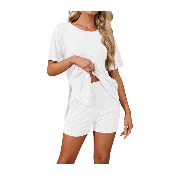 Asklazy Women's Pajamas Set short Sleeve and short Pants 2 Piece Pjs Sleepwear with Pockets,US Size,White,L