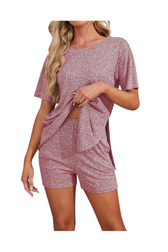 Women's Pajamas Set short Sleeve and short Pants 2 Piece Pjs Sleepwear with Pockets,US Size,Wine Red,M