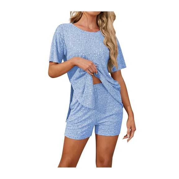 Asklazy Women's Pajamas Set short Sleeve and short Pants 2 Piece Pjs Sleepwear with Pockets,US Size,Za Blue,2XL