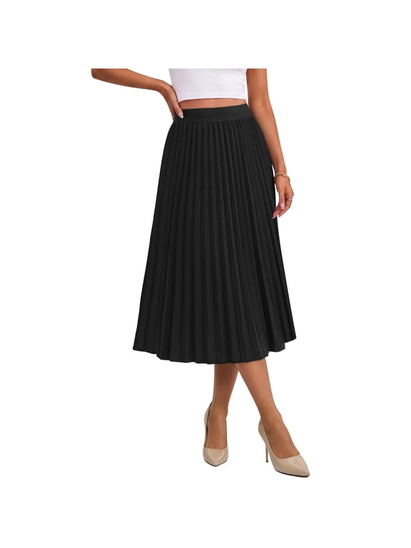 Women's High Waist Pleated A-Line Midi Skirt,Flowy Elastic Waist Skirts for Work Casual Wear,Halloween,Black,M