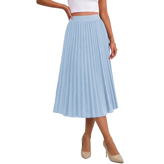 Asklazy Women's High Waist Pleated A-Line Midi Skirt,Flowy Elastic Waist Skirts for Work Casual Wear,Lucky,Light Blue,L