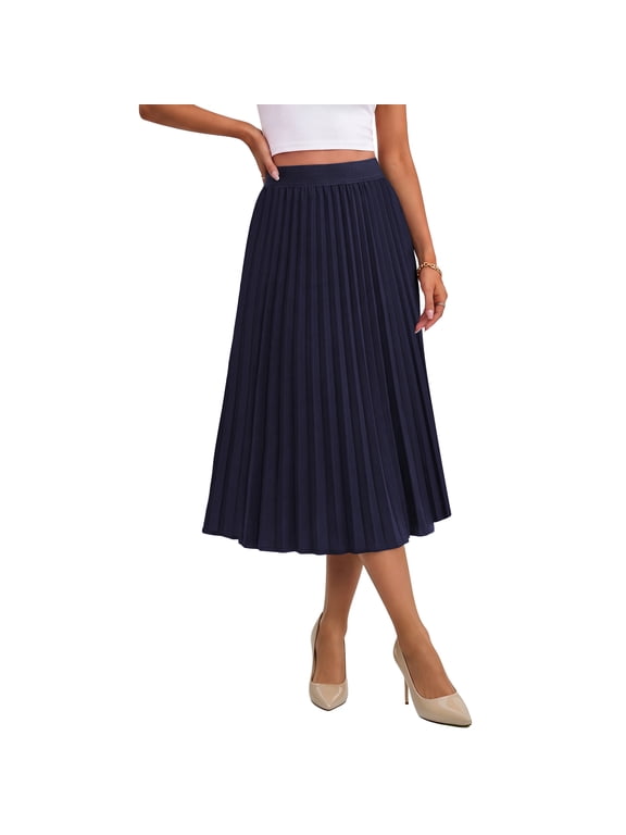 Women's High Waist Pleated A-Line Midi Skirt,Flowy Elastic Waist Skirts for Work Casual Wear,USA,Navy Blue,L