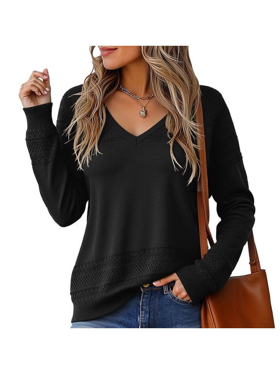 Women's V Neck Sweaters Fall Long Sleeve Crochet Knit Casual Pullover Jumper Tops,Black,L