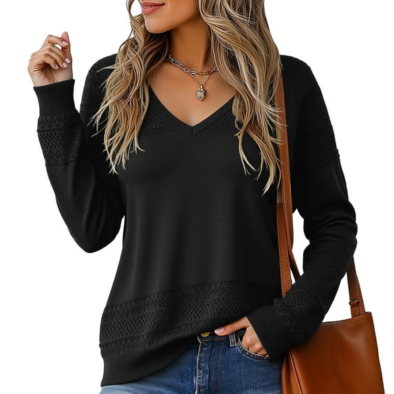 Asklazy Women's V Neck Sweaters Fall Long Sleeve Crochet Knit Casual Pullover Jumper Tops,Black,XL