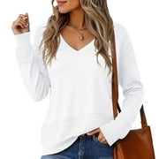 ASKLAZY Women's V Neck Sweaters Fall Long Sleeve Crochet Knit Casual Pullover Jumper Tops,White,(S-2XL)