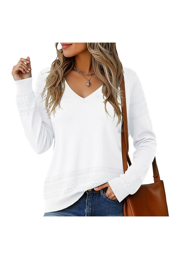 Women's V Neck Sweaters Fall Long Sleeve Crochet Knit Casual Pullover Jumper Tops,White,(S-2XL)
