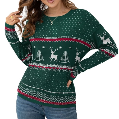 Asklazy Women's Pullover Sweaters Long Sleeve Print Knitted Crew Neck Sweater Tops(a Little Run Big)2XL,Christma
