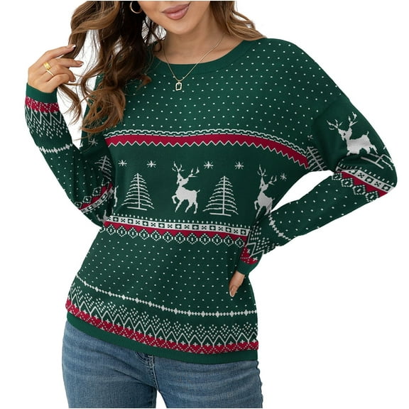 Asklazy Women's Pullover Sweaters Long Sleeve Print Knitted Crew Neck Sweater Tops(a Little Run Big)US Size,2XL,Christma Green