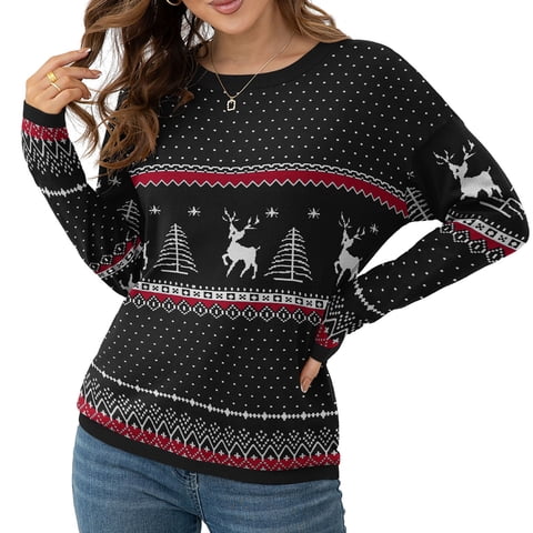 Women's Pullover Sweaters Long Sleeve Print Knitted Crew Neck Sweater Tops（a Little Run Big）L,Christma