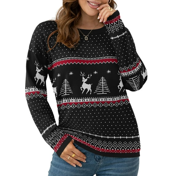 Asklazy Women's Pullover Sweaters Long Sleeve Print Knitted Crew Neck Sweater Tops(a Little Run Big)US Size,M,Christma Black