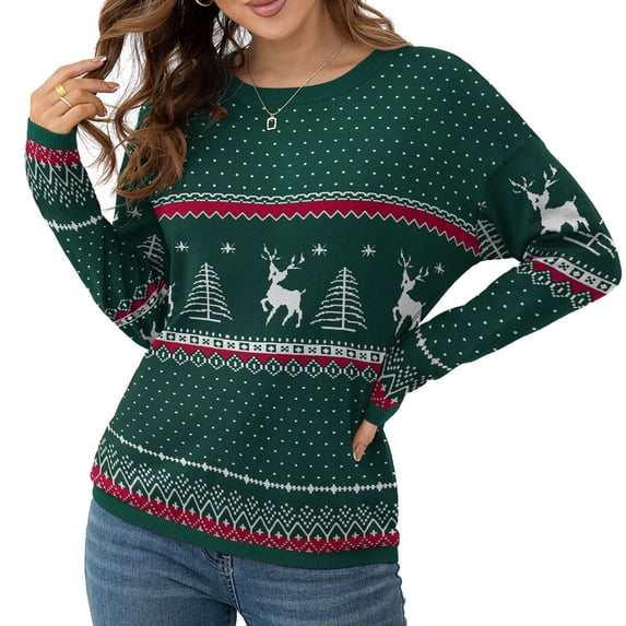 Asklazy Women's Pullover Sweaters Long Sleeve Print Knitted Crew Neck Sweater Tops(a Little Run Big),XL,Christma
