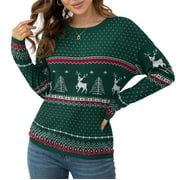 ASKLAZY Women's Pullover Sweaters Long Sleeve Print Knitted Crew Neck Sweater Tops（a Little Run Big）US Size,XL,Christma Green