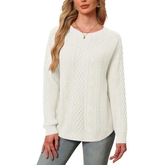 Asklazy Women Pullovers Sweater Soft Fisherman Cable Long Sleeve Crewneck Sweater,White,S
