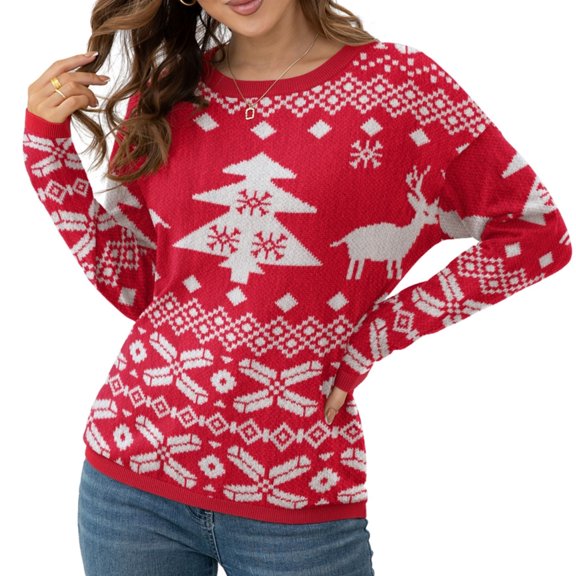 Asklazy Women's Pullover Sweaters Long Sleeve Print Knitted Crew Neck Sweater Tops（a Little Run Big）