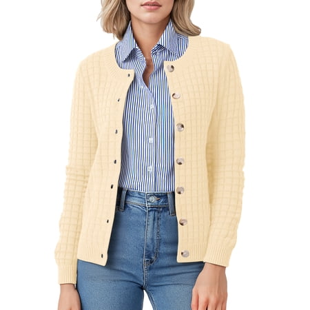 Asklazy Women's Open Front Cardigan Casual Lightweight Crewneck Long Sleeve Button down Knit Sweaters Almond,XL