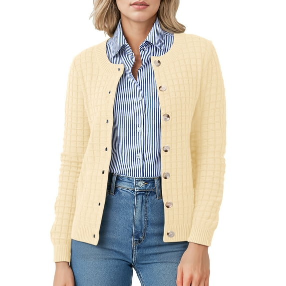 Asklazy Women's Open Front Cardigan Casual Lightweight Crewneck Long Sleeve Button down Knit Sweaters Almond,S