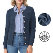 Asklazy Women's Open Front Cardigan Casual Lightweight Crewneck Long Sleeve Button down Knit Sweaters Navy blue,S